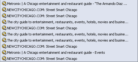 Screenshot of bookmarks with unhelpful names, e.g.: 'The city guide to entertainment, restaurants, events, hotels, movies and busine...'
